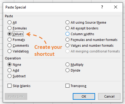 Excel shortcut for Paste Special Values