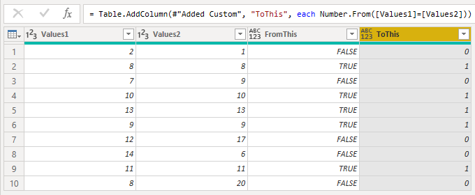 Power Query convert TRUE and FALSE into 1 and 0 use