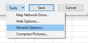 Tools next to the Save button. Choose General Options.