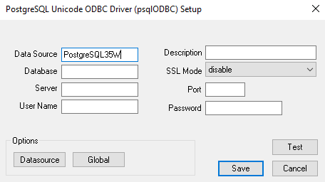 PostgreSQL Windows ODBC data source setup