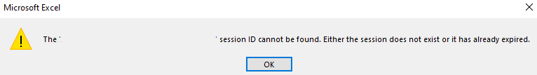 Excel error session ID cannot be found