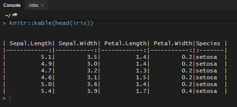 format R console output with kable from knitr