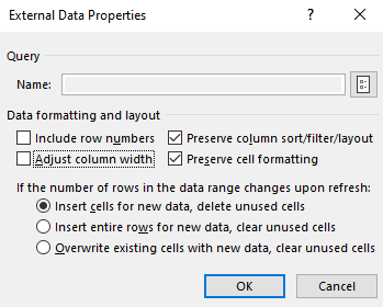 Excel table properties