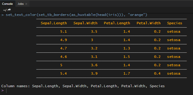 colorful data frame output in R console