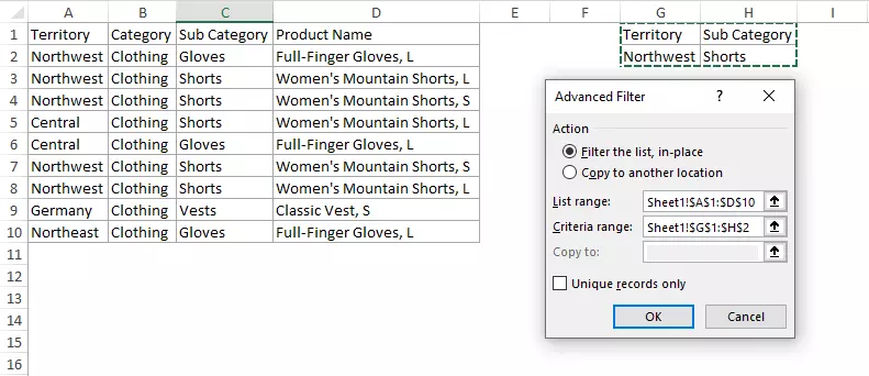 Excel advanced filter criteria range