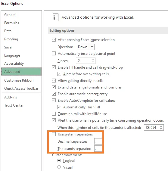 Excel thousand separator settings
