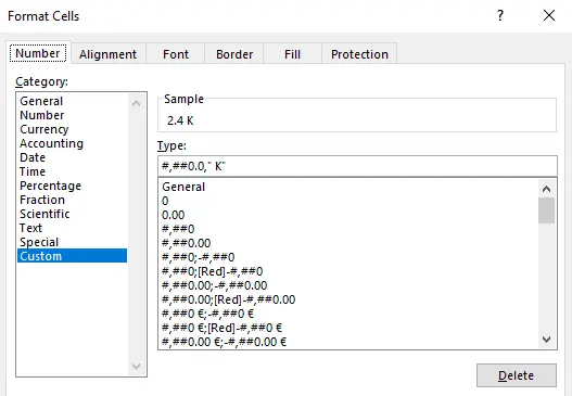 Show numbers in thousands in Excel as K in table or chart