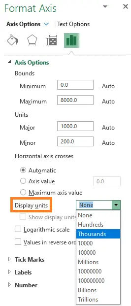 change Excel chart axis display units