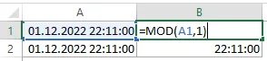 time from datetime in Excel, MOD in Excel