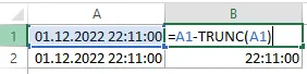 time from datetime in Excel, TRUNC in Excel