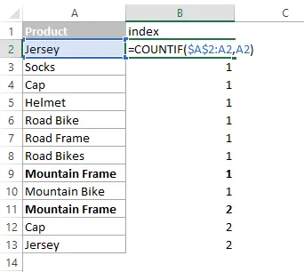 index column with COUNTIF in Excel