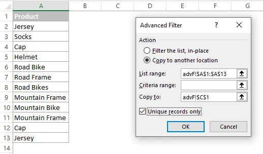 filter unique records with Excel advanced filter