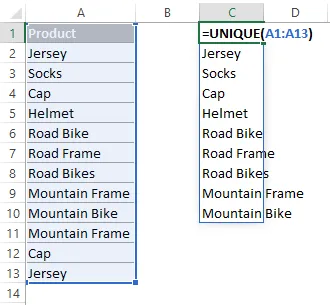 how to use the Excel function UNIQUE