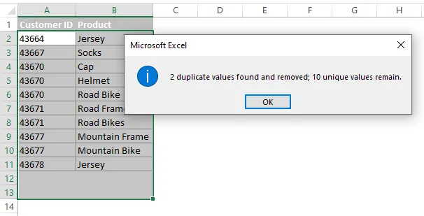 result of remove duplicates in Excel