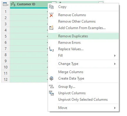 remove duplicates in Power Query