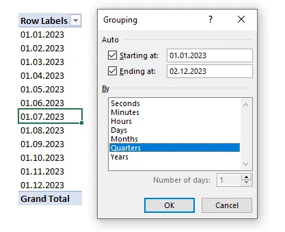 group by quarter in Excel PivotTable